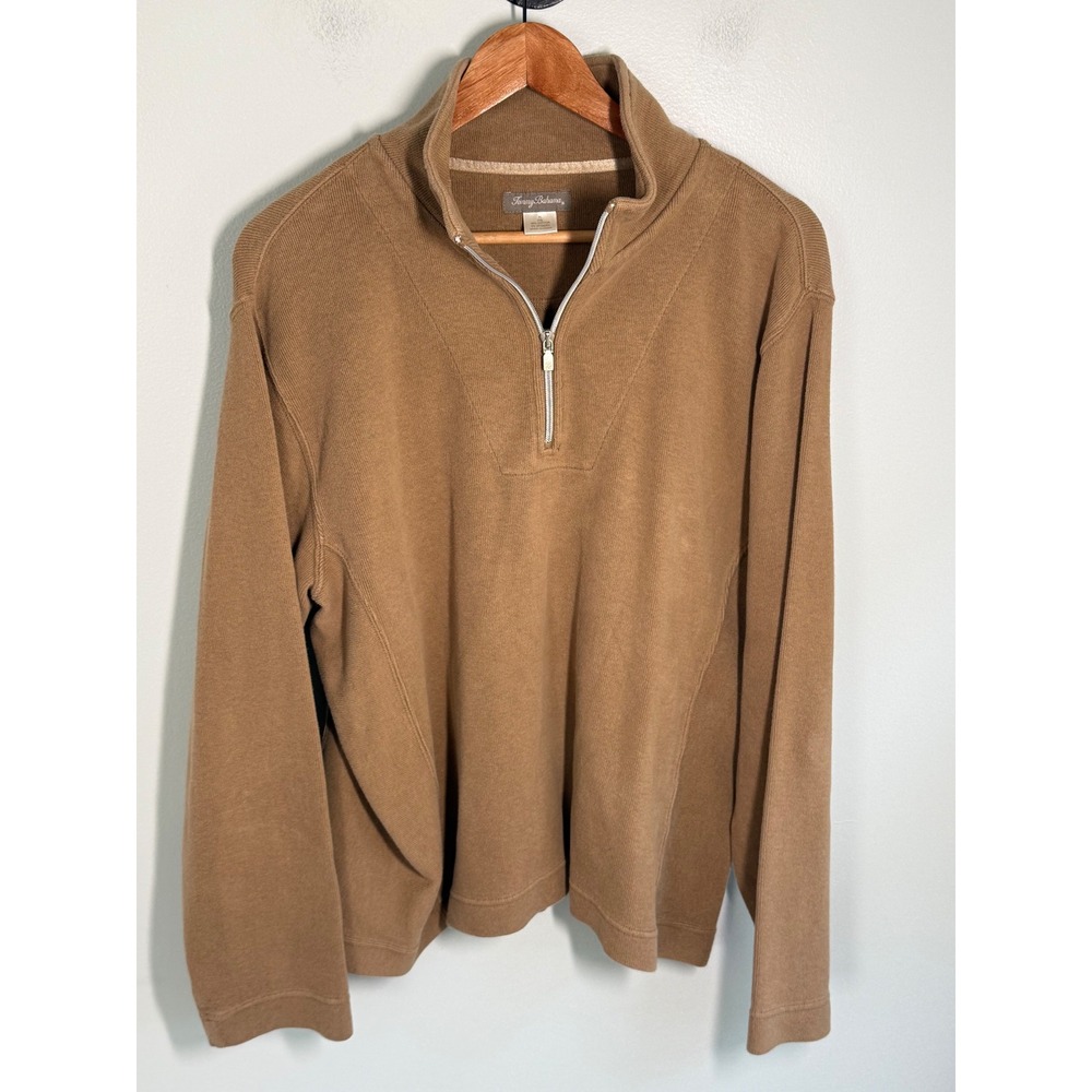 Tommy Bahama Womens XL Camel Brown Ribbed Quarter Zip Pullover Sweater Cotton